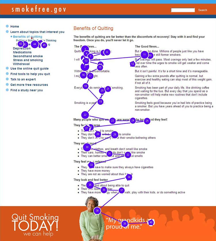 Eyetracking study of a user with limited literacy skills reading only the text that looks easy to read.