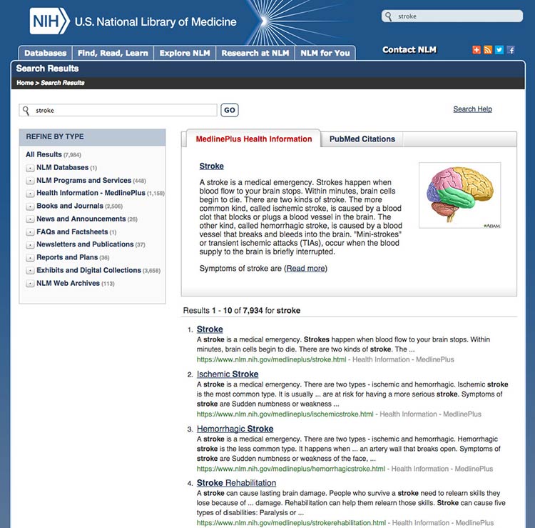 Screenshot of MedlinePlus search results page for the keyword 'stroke'