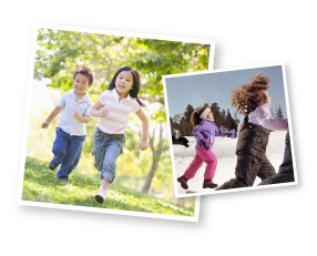 Young boy and girl running in grass, two girls running in the snow