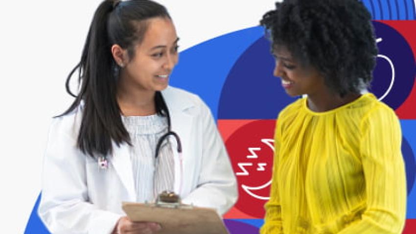 A woman talking to a health care provider.